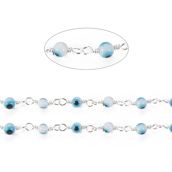 

PandaHall 3.28 Feet Handmade Evil Eye Lampwork Round Beaded Chains, with Brass Findings, Unwelded, Long-Lasting Plated, Silver, Light Blue...