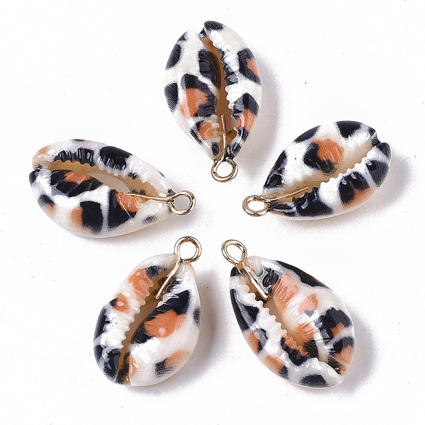 

PandaHall Printed Natural Cowrie Shell Pendants, with Golden Plated Brass Loop, Leopard Print Pattern, Peru, 19~23x11~13x6.5~7.5mm, Hole..., Brown