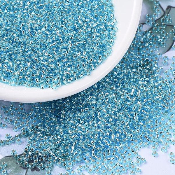 PandaHall MIYUKI Round Rocailles Beads, Japanese Seed Beads, (RR18) Silverlined Aqua, 11/0, 2x1.3mm, Hole: 0.8mm, about 1100pcs/bottle...