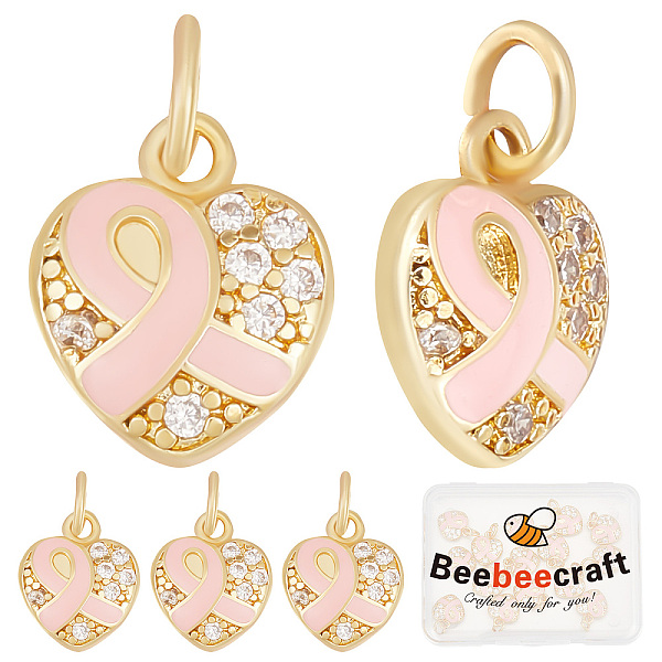 

PandaHall Beebeecraft 15Pcs Brass Micro Pave Clear Cubic Zirconia Pendants, with Jump Rings, Heart with Breast Cancer Awareness Pink Ribbon...