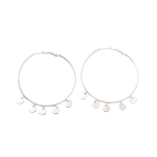 

PandaHall 304 Stainless Steel Hoop Earrings, with Round Pendants, for Women, Platinum, 70x60x2mm, Pin: 0.8mm 304 Stainless Steel Round