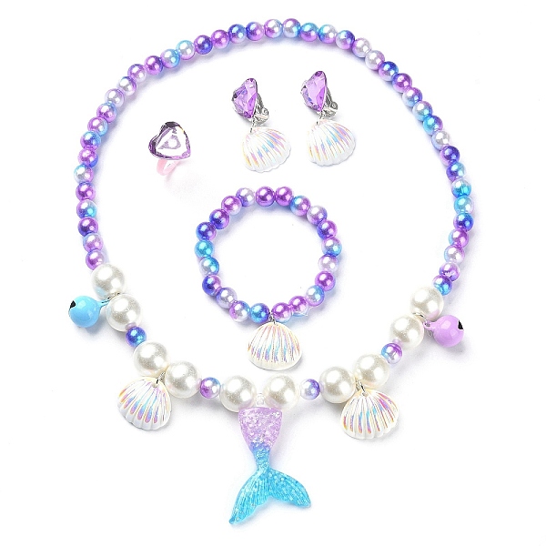 PandaHall Plastic & Resin Bead Jewelry Set for Kids, including Shell & Mermaid Tail Pendant Necklaces & Charm Bracelets, Heart Finger Rings...