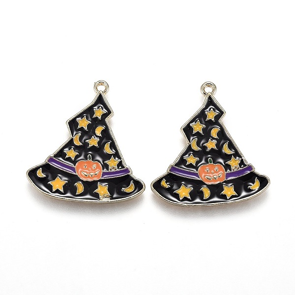 

PandaHall Halloween Theme Witch Hat Alloy Enamel Pendants, Magic Hat with Star and Moon & Pumpkin Pattern, Light Gold, 26.5x24.5x1.5mm, Hole...