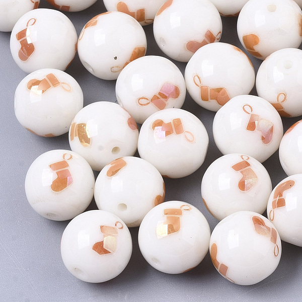 

PandaHall Christmas Opaque Glass Beads, Round with Electroplate Christmas Sock Pattern, Rainbow Plated, 10mm, Hole: 1.2mm Glass Round White