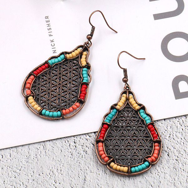 

PandaHall Bohemian Style Alloy Dangle Earrings, with Seed Beads, Teardrop, Colorful, Red Copper, 65x32mm Alloy