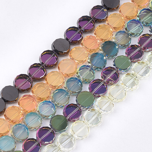 

PandaHall Electroplate Glass Beads Strands, Faceted, Flat Round, Mixed Color, 8~8.5x3.5mm, Hole: 1mm, about 80pcs/strand, 24.8 inch Glass..., Multicolor