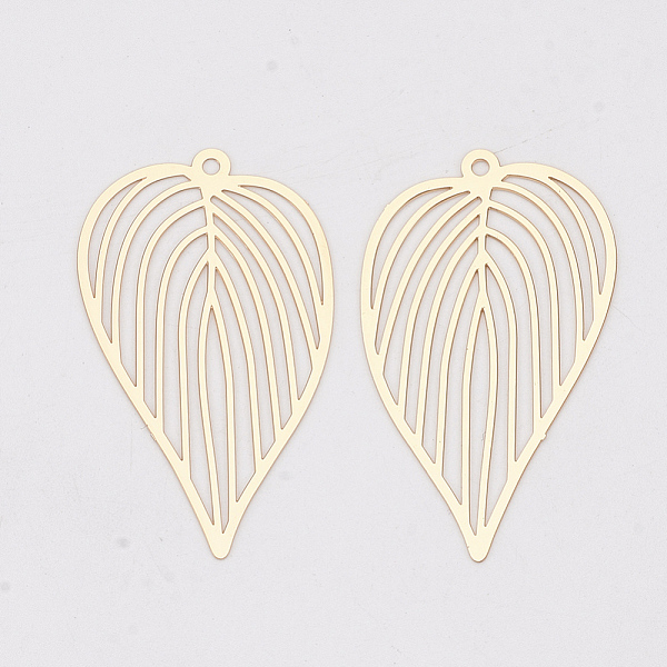 

PandaHall Brass Pendants, Etched Metal Embellishments, Long-Lasting Plated, Leaf, Light Gold, 42x25x0.3mm, Hole: 1.6mm Brass Leaf