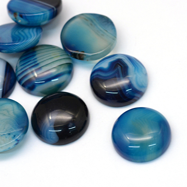 

PandaHall Dyed Natural Striped Agate/Banded Agate Cabochons, Half Round/Dome, Steel Blue, 20x5~8mm Banded Agate Half Round Blue