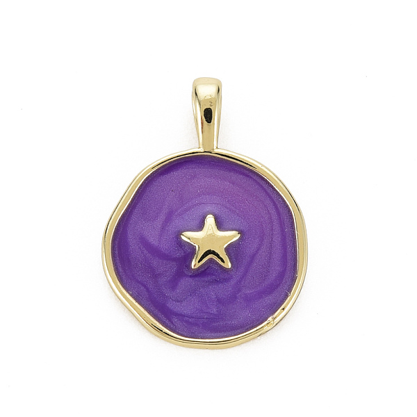 

PandaHall Brass Enamel Pendants, Cadmium Free & Nickel Free & Lead Free, Real 16K Gold Plated, Flat Round with Star, Dark Violet...