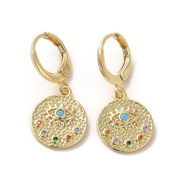 

PandaHall Flat Round with Eye Real 18K Gold Plated Brass Dangle Leverback Earrings, with Cubic Zirconia, Colorful, 27.5x13mm Cubic Zirconia..., Multicolor
