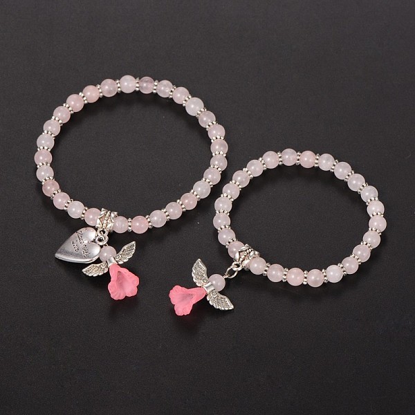 PandaHall Mother daughter Jewelry, Rose Quartz Beaded Acrylic Charm Bracelets, with Tibetan Style Alloy Beads and Heart Pendants, Lovely...