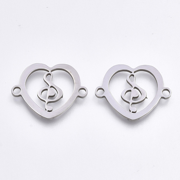 PandaHall 201 Stainless Steel Links connectors, Laser Cut Links, Heart with Music Note, Stainless Steel Color, 15.5x19.5x1mm, Hole: 1.5mm...