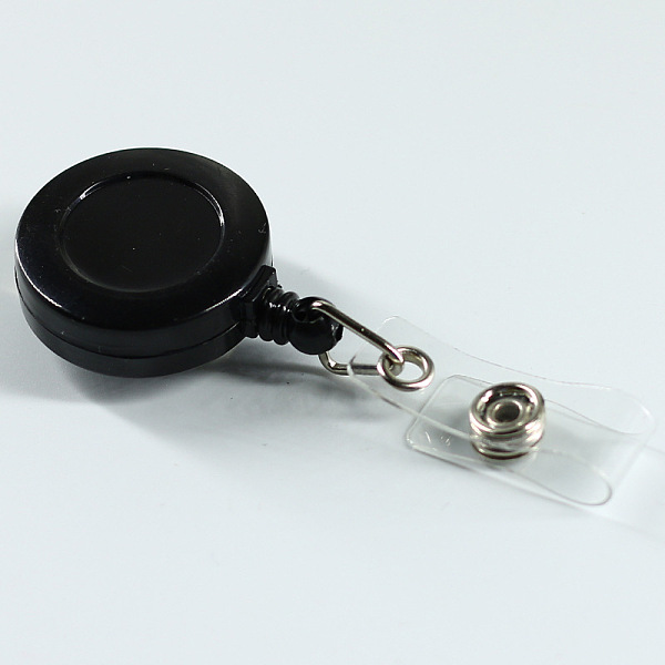 

PandaHall ABS Plastic Badge Reel, Retractable Badge Holder, with Platinum Iron Bobby Clip, Flat Round, Black, 86x32x16mm Plastic Black