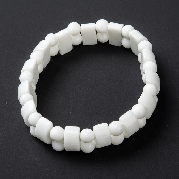 

PandaHall Opaque Glass Beads Stretch Bracelets, Rectangle & Round, White, Inner Diameter: 2-1/4 inch(5.7cm) Glass White