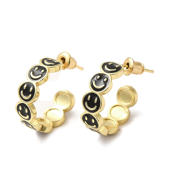 

PandaHall Smiling Face Real 18K Gold Plated Brass Stud Earrings, Half Hoop Earrings with Enamel, Black, 19x6mm Brass Smiling Face Black