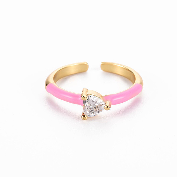 

PandaHall Brass Enamel Cuff Rings, Open Rings, Solitaire Rings, with Clear Cubic Zirconia, Nickel Free, Heart, Golden, Pearl Pink, US Size 7...