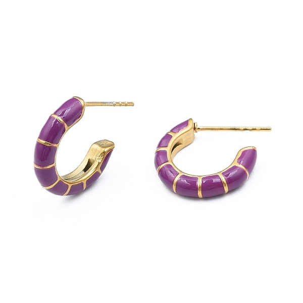 

PandaHall Enamel C-shape Stud Earrings, Gold Plated 304 Stainless Steel Half Hoop Earrings for Women, with Ear Nuts, Purple, 18x16x3.5mm...