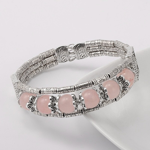 

PandaHall Tibetan Style Antique Silver Alloy Natural Rose Quartz Gemstone Bracelets, 51mm Rose Quartz Pink