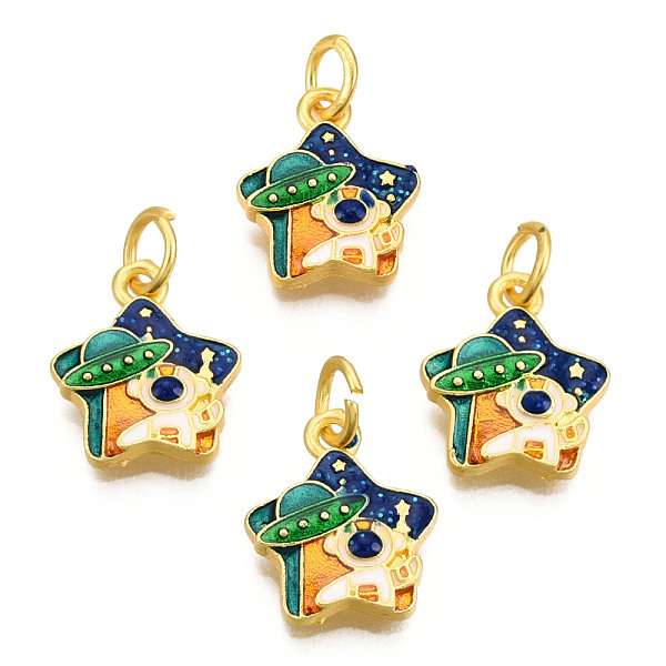 

PandaHall Alloy Enamel Charms, Cadmium Free & Lead Free, with Glitter Powder and Jump Rings, Matte Gold Color, Star with Spaceman, Dark Blue...