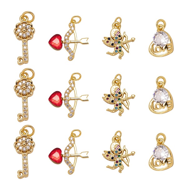 

PandaHall 8Pcs 4 Style Brass Pendants, with Micro Pave Clear Cubic Zirconia and Jump Rings, Cupid/Cherub Arrow & Cupid/Cherub & Key with..., Multicolor
