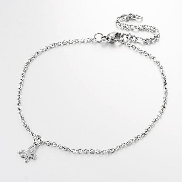 

PandaHall Butterfly Stainless Steel Pendant Anklets, with Lobster Clasps and End Chains, Stainless Steel Color, 230x2mm Stainless Steel