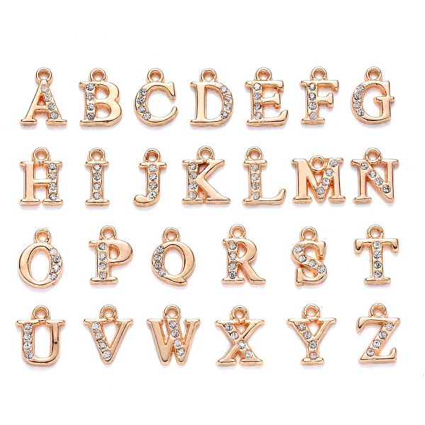 

PandaHall Alloy Rhinestone Charms, Alphabet, Letter A~Z, Crystal, Light Gold, 12.5~13.5x5.5~12x2.5mm, Hole: 1.4mm, 26pcs/set..., Clear