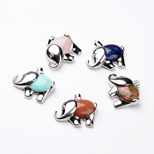 

PandaHall Elephant Platinum Tone Brass Natural & Synthetic Mixed Stone Pendants, 31x37x9mm, Hole: 5x8mm Mixed Stone Elephant