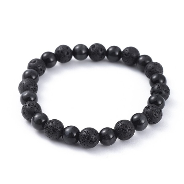 

PandaHall Natural Lava Rock Stretch Bracelets, with Cat Eye Round Beads, 2-3/8 inch(6cm) Lava Rock Black