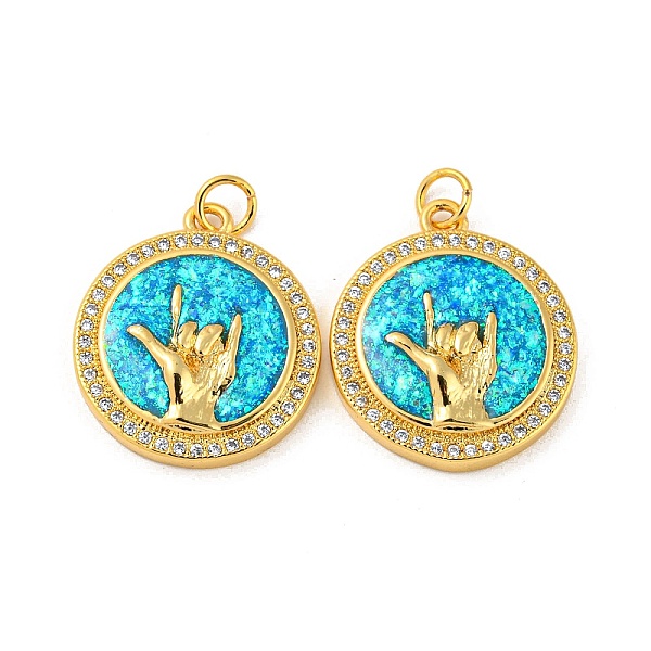

PandaHall Brass Micro Pave Cubic Zirconia with Synthetic Opal Pendants, with Jump Ring, Flat Round with Gesture , Real 18K Gold Plated...