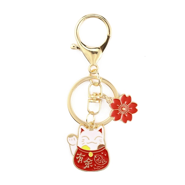 

PandaHall Chinese Style Alloy Enamel Keychains, with Iron Lobster Clasp and Rings, Cat with Flower, Red, 9.15cm Alloy Cat Shape Red