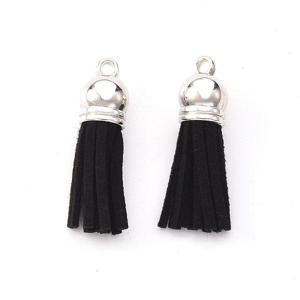 

PandaHall Faux Suede Tassel Pendant Decorations, with CCB Plastic Cord Ends, Platinum, Black, 33~35x10mm, Hole: 2.5mm Faux Suede Black
