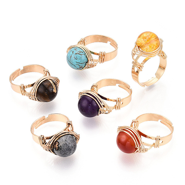 

PandaHall Natural Howlite & Citrine & Tiger Eye & Natural Carnelian & Amethyst & Lapis Lazuli Round Finger Rings, Brass Wire Wrapped...