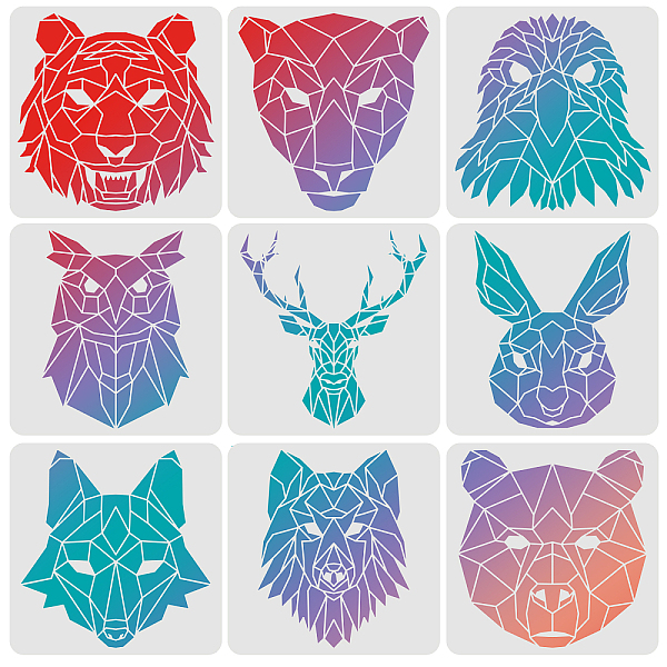 PandaHall FINGERINSPIRE 9pcs Animals Head Stencils Template 30x30cm Plastic Geometric Lion Tiger Wolf Bear Painting Stencils Owl Deer Rabbit...