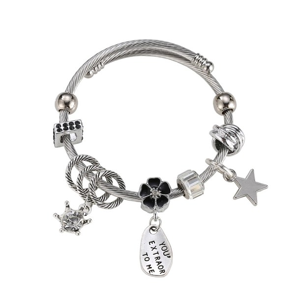 

PandaHall European Bracelets, with Glass Beads, Enamel, Rhinestone, Black, Silver, Inner Diameter: 2 inch(5cm) Glass Black