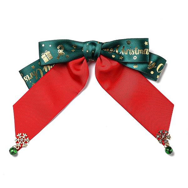 

PandaHall Christmas Polyester Ribbon Bowknot Safety Pin Brooch, with Alloy Rhinestone Snowflake & Bell, Iron Pin, Red, 130x157x11mm...