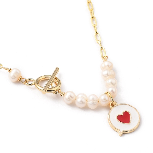 

PandaHall Alloy Enamel Pendant Necklaces, with Natural Pearl Beads, Brass Paperclip Chains and Toggle Clasps, Flat Message Box with Heart...