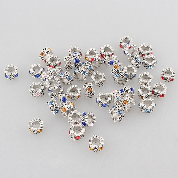 

PandaHall Antique Silver Zinc Alloy Ring Rhinestone Large Hole Beads, Mixed Color, 10x6mm, Hole: 5mm Alloy+Rhinestone Rondelle Multicolor