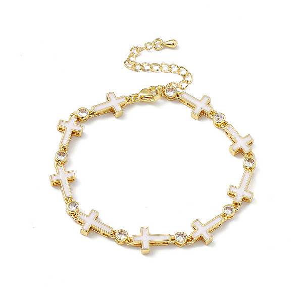 

PandaHall Brass Micro Pave Cubic Zirconia Chain Bracelets, Enamel Style White Religion Cross Link Chain Bracelet for Women, with Chain...