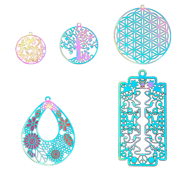 

PandaHall UNICRAFTALE 30pcs 5 Styles Multi-color Rectangle/Teardrop/Flat Round/Ring/Flower of Life Pendants 201 Stainless Steel Filigree...