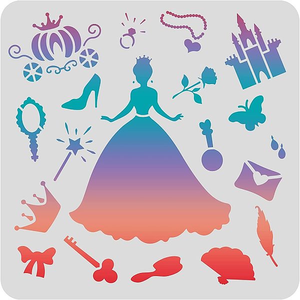 PandaHall FINGERINSPIRE Princess Stencils Template 11.8x11.8 inch/30x30cm Plastic Castle Pumpkin Cart Drawing Painting Stencils Square Queen...