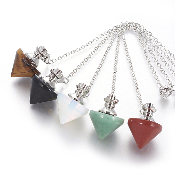 

PandaHall Natural & Synthetic Mixed Stone Cone Dowsing Pendulums, with Brass Findings and Alloy Chain, Platinum, 210~216x2.5mm, Hole...