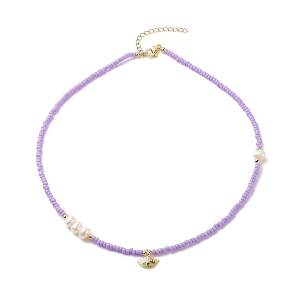 

PandaHall Brass Evil Eye Pendant Necklace with Cubic Zirconia, Glass Seed & Natural Pearl Beaded Necklace for Women, Lilac, 16.85 inch..., Purple