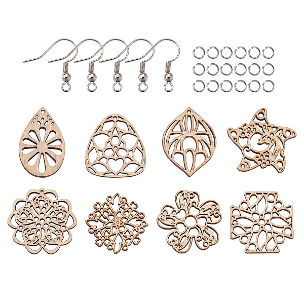 PandaHall DIY Filigree Joiners Dangle Earring Making Kits, Including Unfinished Natural Poplar Wood Pendants, Brass Earring Hooks and 304...