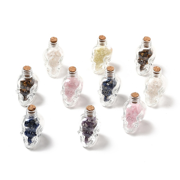 

PandaHall Mixed Gemstones Chips in Skull Glass Bottle Display Decorations, for Witchcraft, 37x27x46.5mm Mixed Stone Skull