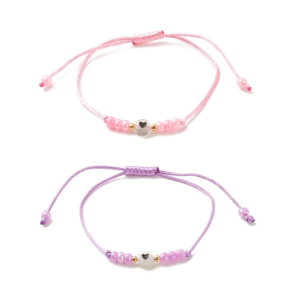

PandaHall 2Pcs Flat Round with Heart Acrylic Braided Bead Bracelets Set with Glass Seed, Luminous Beaded Stackable Adjustable Bracelets for..., Pink
