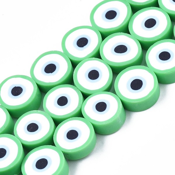 

PandaHall Handmade Polymer Clay Beads Strands, Flat Round with Evil Eye, Light Green, 8~11x4mm, Hole: 1.2mm, about 40pcs/strand, 13.98 inch~...