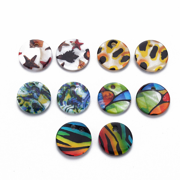 

PandaHall Printed Freshwater Shell Charms, Flat Round with Mixed Pattern, Mixed Color, 12.5x1~2.5mm, Hole: 1.4~1.6mm Freshwater Shell Flat..., Multicolor