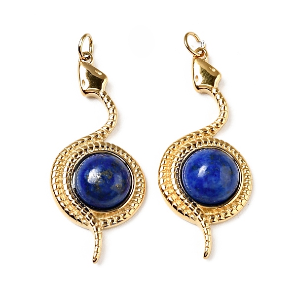 

PandaHall Natural Lapis Lazuli Pendants, with Ion Plating(IP) Golden Tone 304 Stainless Steel Findings, Snake with Half Round Charm, Dyed...
