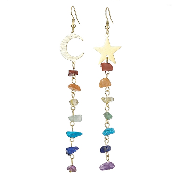 

PandaHall Chakra Theme Natural & Synthetic Mixed Gemstone Chip Beaded Tassel Earrings, Moon & Star Golden Brass Asymmetrical Earrings, Long...