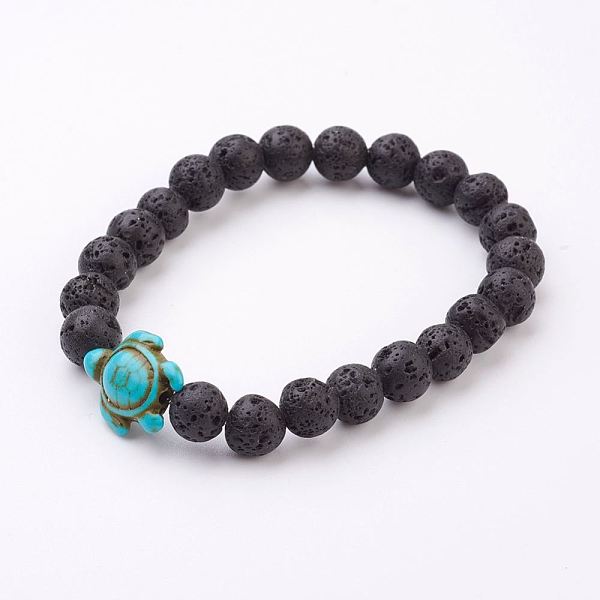 

PandaHall Lava Rock Beaded Stretch Bracelets, with Synthetic Turquoise Tortoise Bead, 2-1/8 inch(54mm) Lava Rock